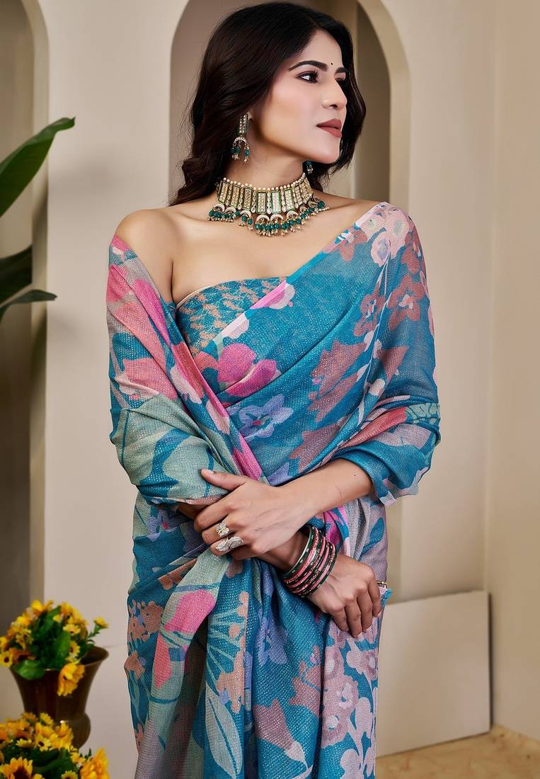 Blue cotton blend floral print saree with blouse