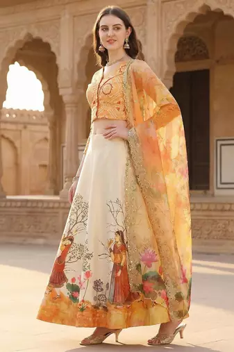 Yellow Color Satin Silk Fabric Designer Digital Printed Fancy Ethnic Partywear Lehenga