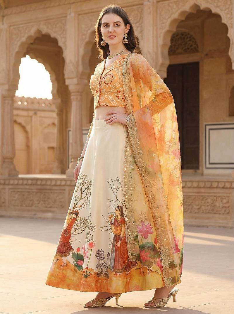Yellow Color Satin Silk Fabric Designer Digital Printed Fancy Ethnic Partywear Lehenga