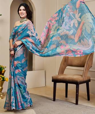 Blue cotton blend floral print saree with blouse 5