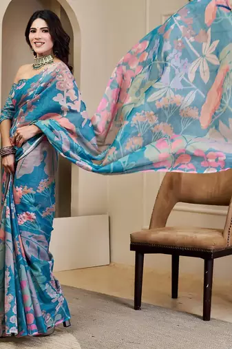 Blue cotton blend floral print saree with blouse