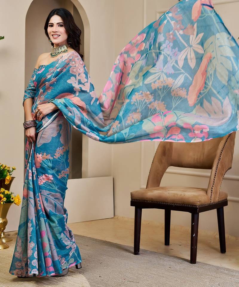 Blue cotton blend floral print saree with blouse