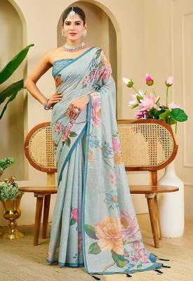 Sky blue cotton blend floral print saree with blouse 1