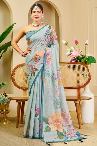 Sky blue cotton blend floral print saree with blouse