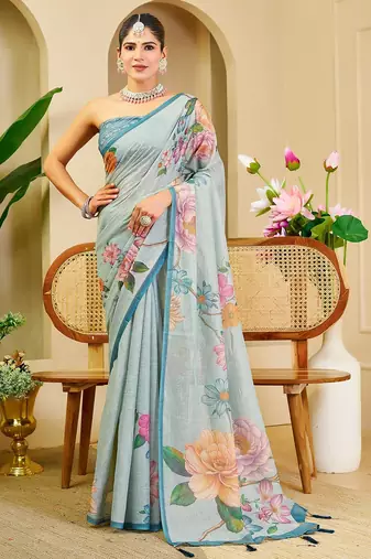 Sky blue cotton blend floral print saree with blouse