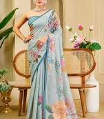 Sky blue cotton blend floral print saree with blouse