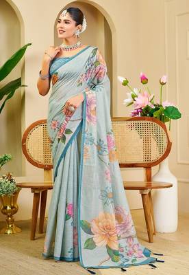 Sky blue cotton blend floral print saree with blouse 2