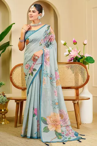 Sky blue cotton blend floral print saree with blouse