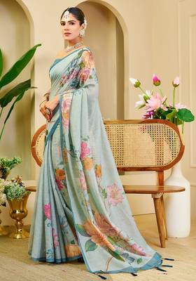 Sky blue cotton blend floral print saree with blouse 3