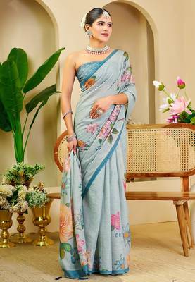 Sky blue cotton blend floral print saree with blouse 4