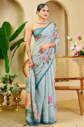 Sky blue cotton blend floral print saree with blouse