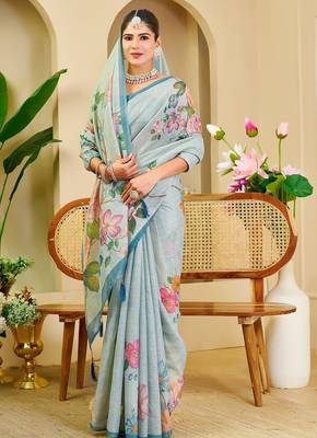Sky blue cotton blend floral print saree with blouse 5