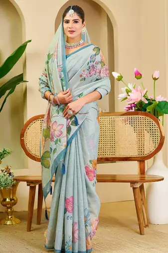 Sky blue cotton blend floral print saree with blouse