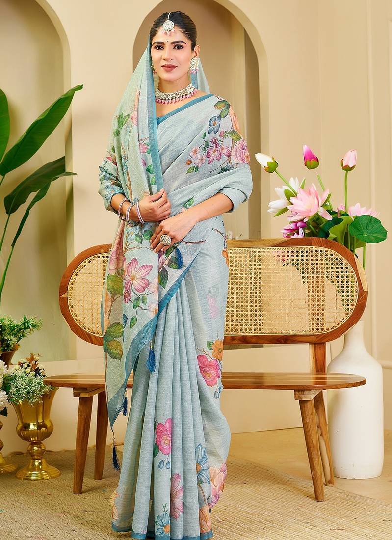 Sky blue cotton blend floral print saree with blouse