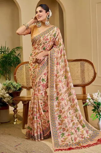 Beige cotton blend floral print saree with blouse