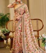 Beige cotton blend floral print saree with blouse