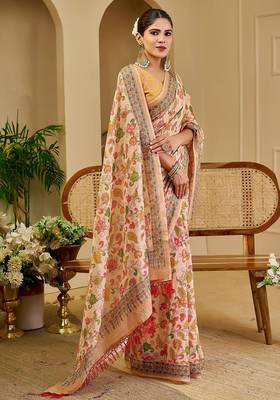 Beige cotton blend floral print saree with blouse 2