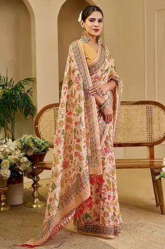 Beige cotton blend floral print saree with blouse
