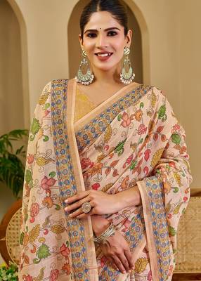 Beige cotton blend floral print saree with blouse 3