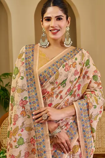 Beige cotton blend floral print saree with blouse