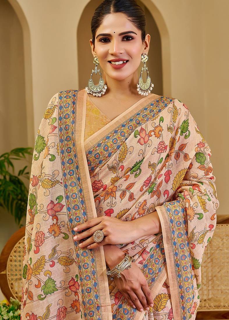 Beige cotton blend floral print saree with blouse