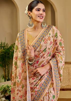 Beige cotton blend floral print saree with blouse 4