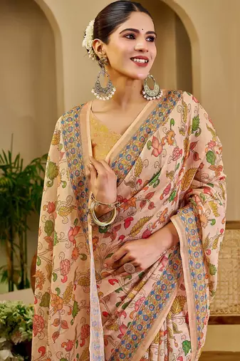 Beige cotton blend floral print saree with blouse
