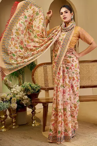 Beige cotton blend floral print saree with blouse