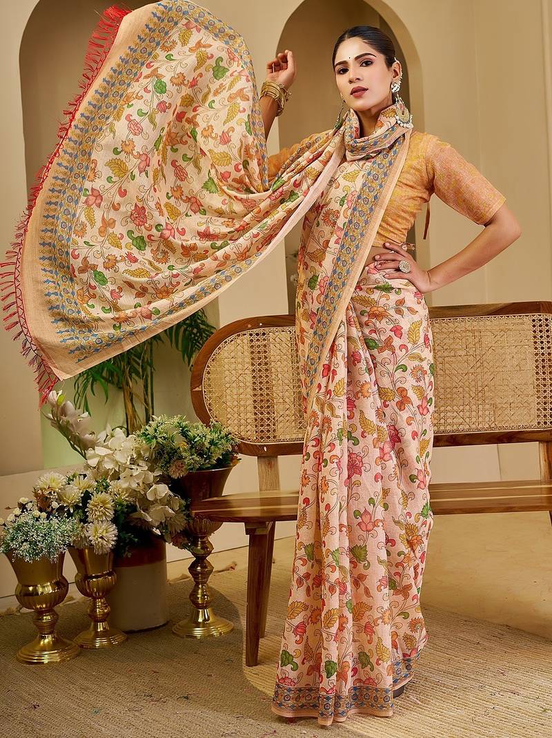Beige cotton blend floral print saree with blouse