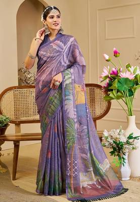 Purple cotton blend floral print saree with blouse 1
