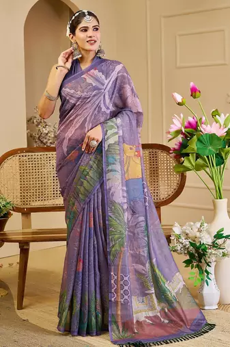 Purple cotton blend floral print saree with blouse