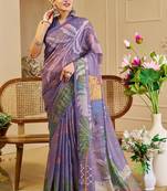 Purple cotton blend floral print saree with blouse