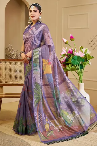 Purple cotton blend floral print saree with blouse