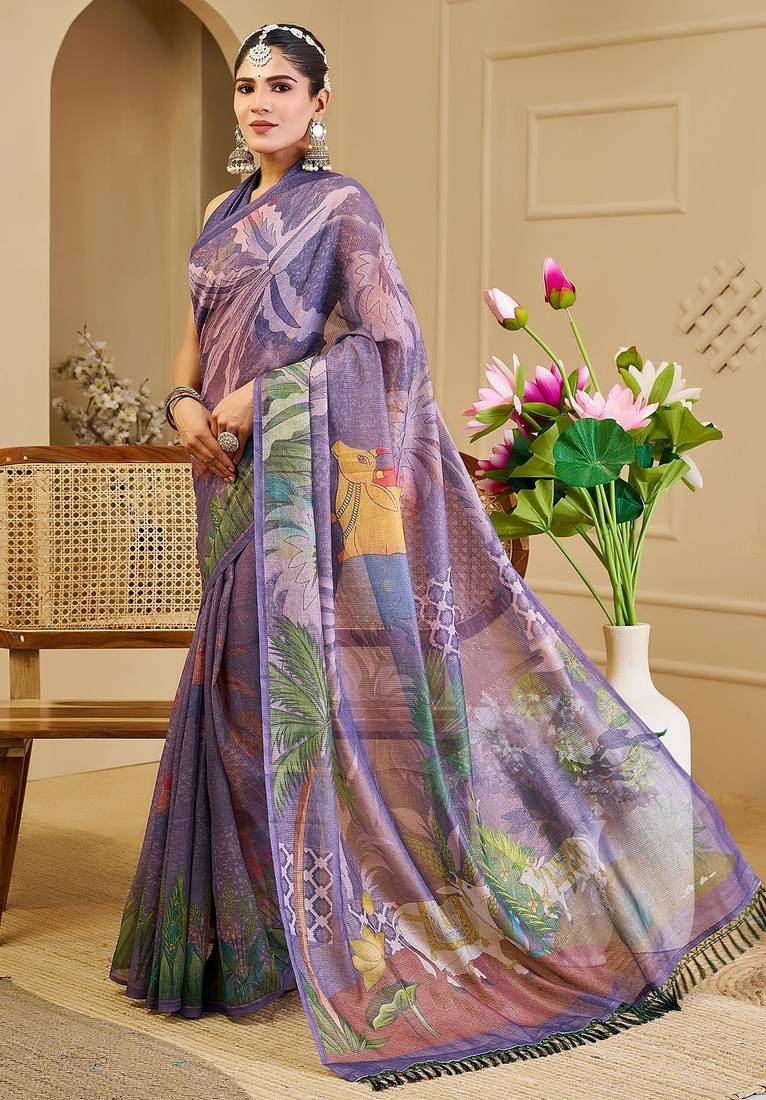 Purple cotton blend floral print saree with blouse