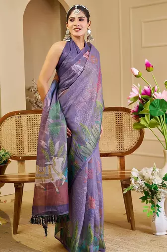 Purple cotton blend floral print saree with blouse