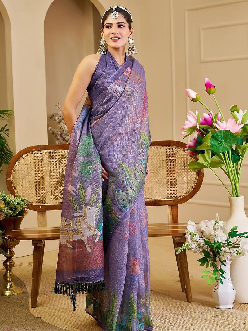 Purple cotton blend floral print saree with blouse