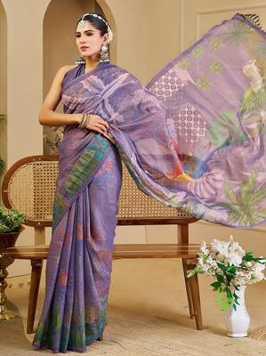 Purple cotton blend floral print saree with blouse 4