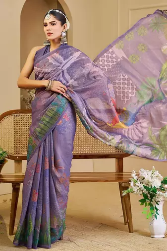 Purple cotton blend floral print saree with blouse