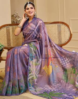 Purple cotton blend floral print saree with blouse 5