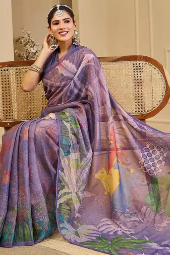 Purple cotton blend floral print saree with blouse