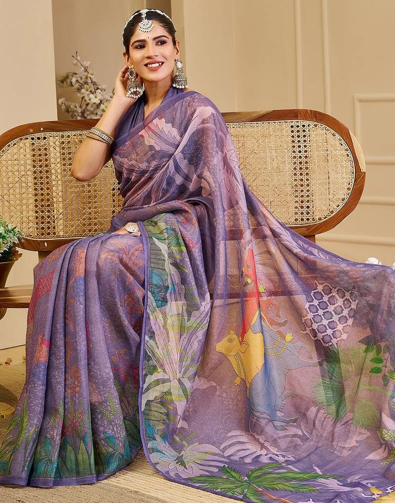 Purple cotton blend floral print saree with blouse
