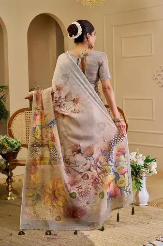 Beige cotton blend floral print saree with blouse