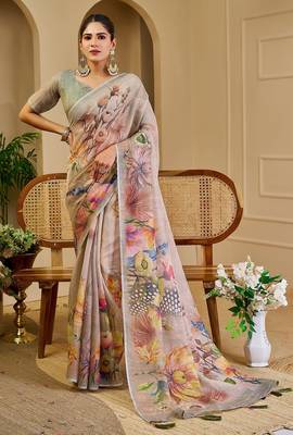 Beige cotton blend floral print saree with blouse 1