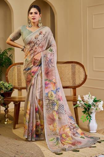 Beige cotton blend floral print saree with blouse