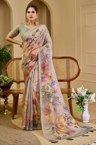 Beige cotton blend floral print saree with blouse