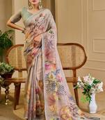 Beige cotton blend floral print saree with blouse