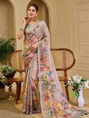 Beige cotton blend floral print saree with blouse 3