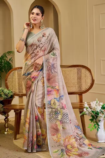 Beige cotton blend floral print saree with blouse