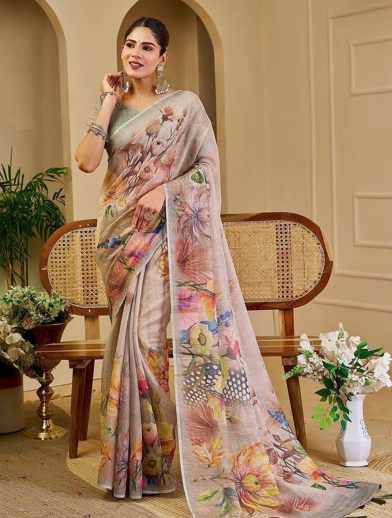 Beige cotton blend floral print saree with blouse