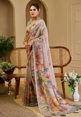 Beige cotton blend floral print saree with blouse 4